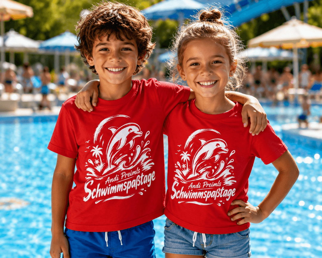 Kinder im roten Event-Shirt der Schwimmspaß Tage mit coolem Motiv