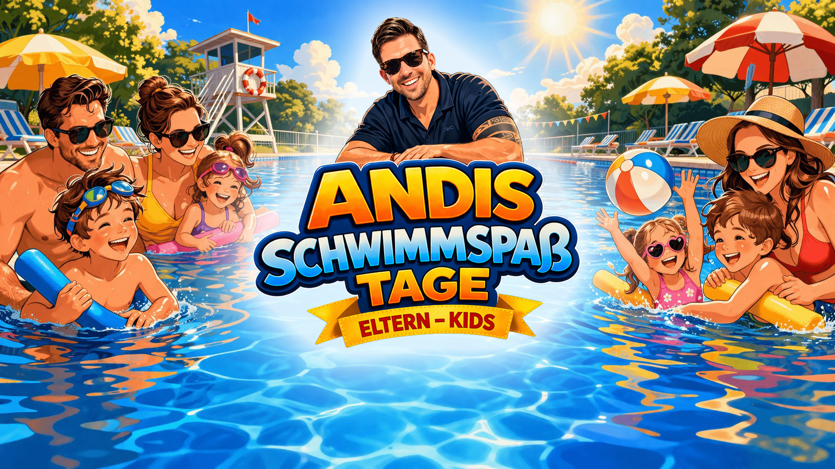 Andis Schwimmspaß Tage – Andi Preiml mit Familien im Freibad